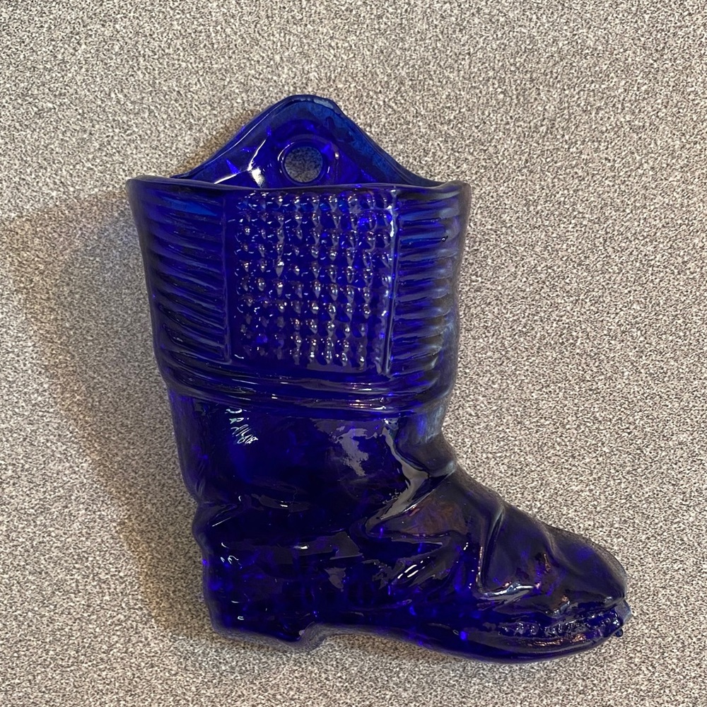 Cobalt Blue Glass Boot Wall Mount Match or Toothpick Holder.
